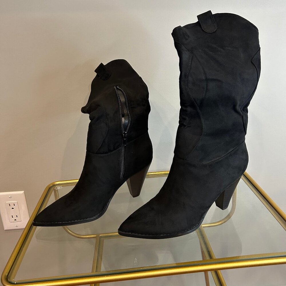 VETASTE Women's Western Boots Black Mid-Calf Pointed-Toe Boots Cone Heel